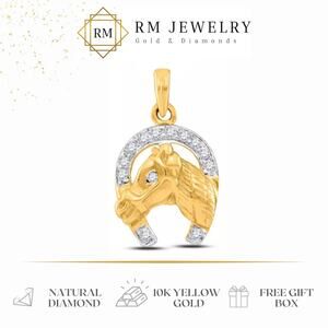 Diamond Lucky Horseshoe Horse Head Charm Pendant 10k Two-tone Gold Round